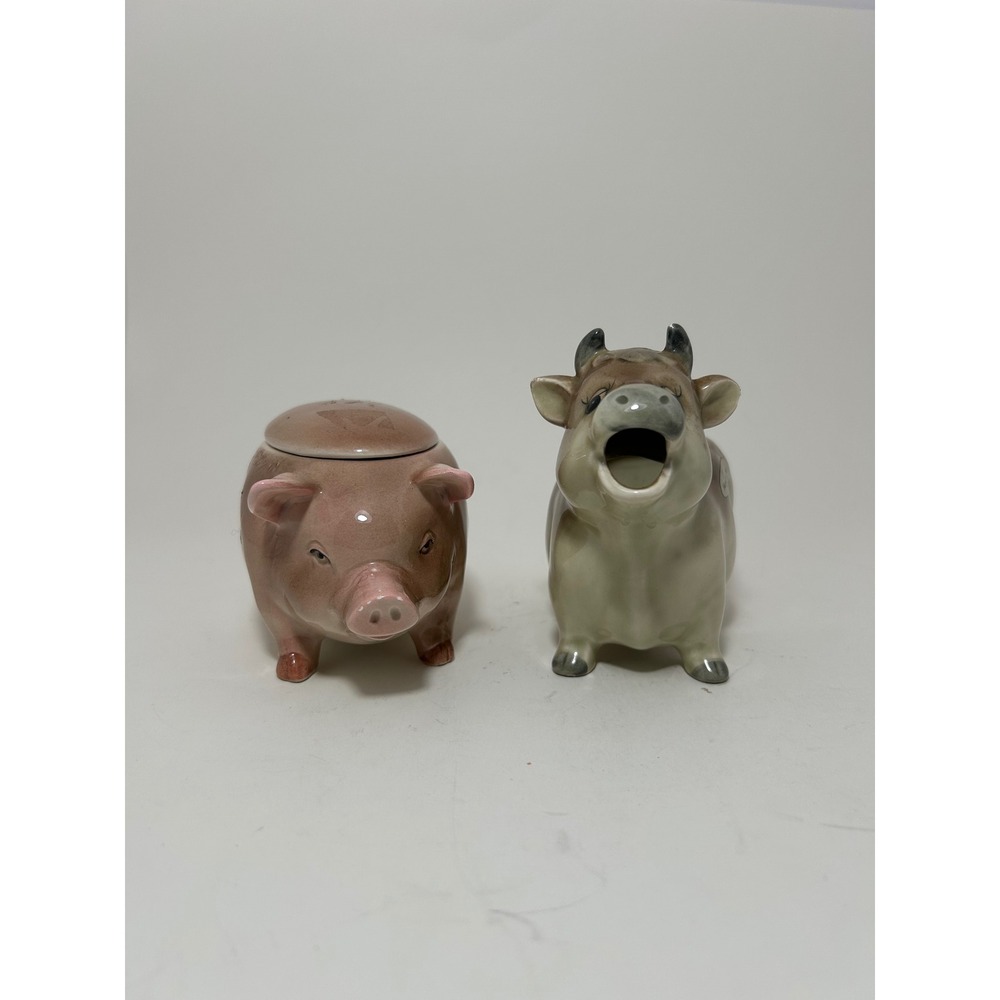 Vintage Handpainted Ceramic Cow Creamer‎ and Pig Sugar Bowl Set Otigri